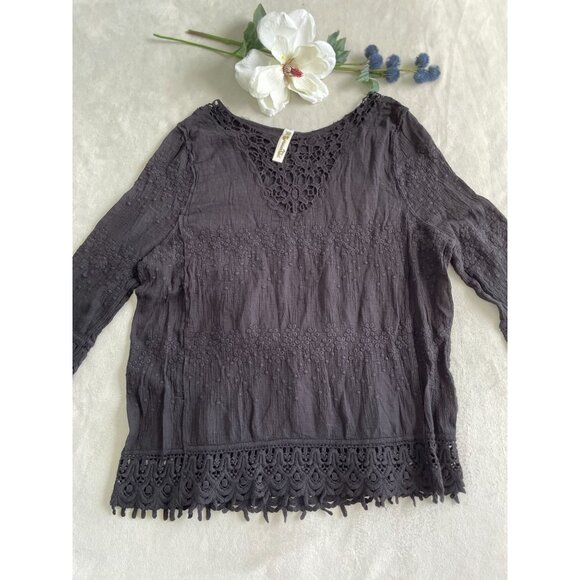Shoreline Black Long-Sleeve Crochet & Lace Boho Blouse Whimsigoth - Picture 2 of 12
